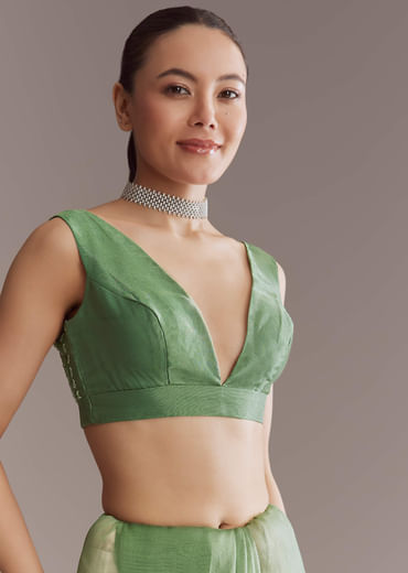 Green Tissue Saree With Jaal And Sequin Embroidery
