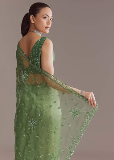 Green Tissue Saree With Jaal And Sequin Embroidery
