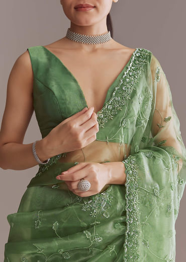 Green Tissue Saree With Jaal And Sequin Embroidery