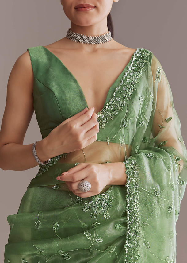 Green Tissue Saree With Jaal And Sequin Embroidery