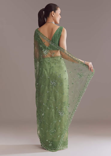 Green Tissue Saree With Jaal And Sequin Embroidery