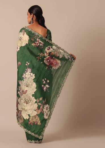 Green Tussar Silk Saree With Mirror Embellishments And Unstitched Blouse Piece