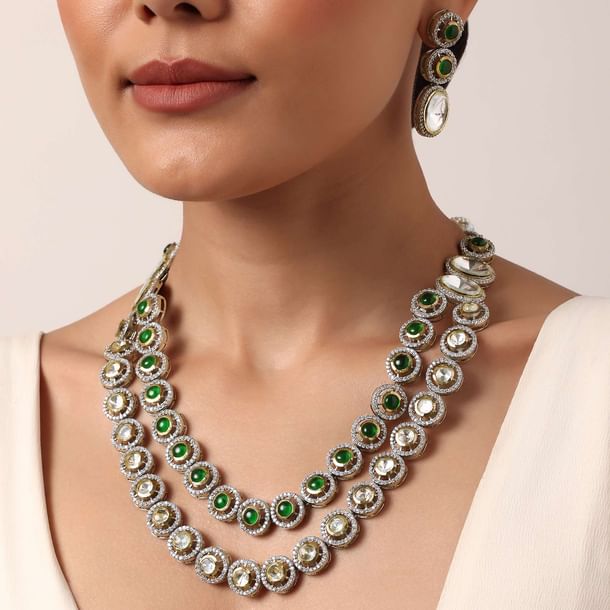 Green Two Layered Polki Necklace Set Green Two Layered Polki Necklace Set