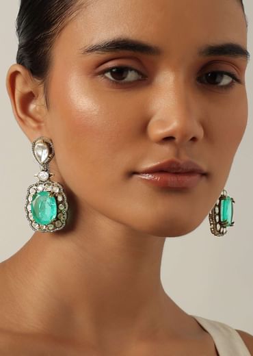 Green Two Tone Choker Set With Emerald Stones And White Zirconia