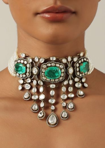 Green Two Tone Choker Set With Emerald Stones And White Zirconia