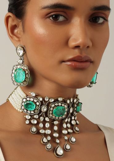 Green Two Tone Choker Set With Emerald Stones And White Zirconia
