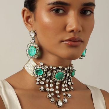 Green Two Tone Choker Set With Emerald Stones And White Zirconia