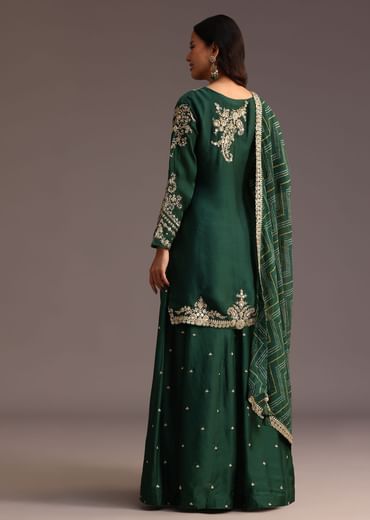 Green Zari Work Palazzo Suit With Organza Dupatta