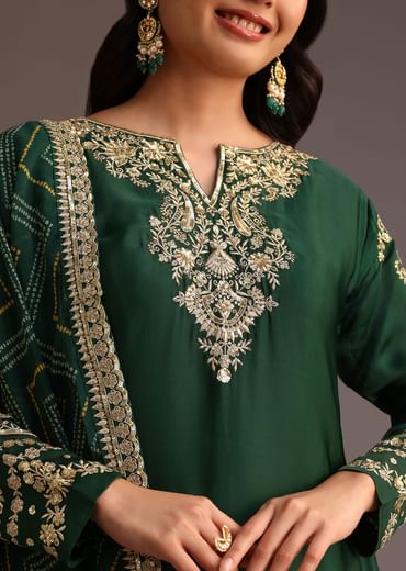 Green Zari Work Palazzo Suit With Organza Dupatta