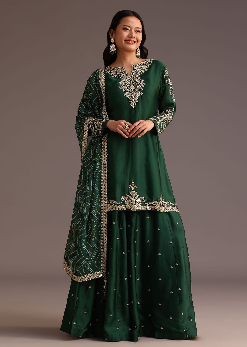 Green Zari Work Palazzo Suit With Organza Dupatta