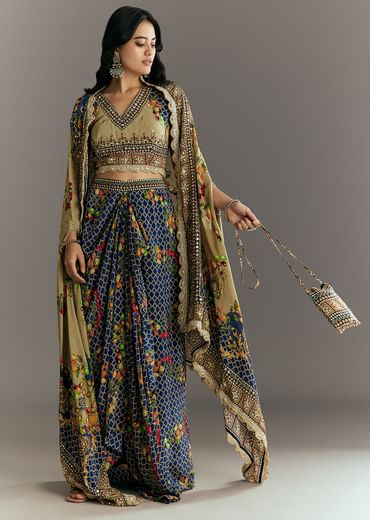 Greenish Beige Muslin Embroidered Croptop With Printed Skirt And Cape