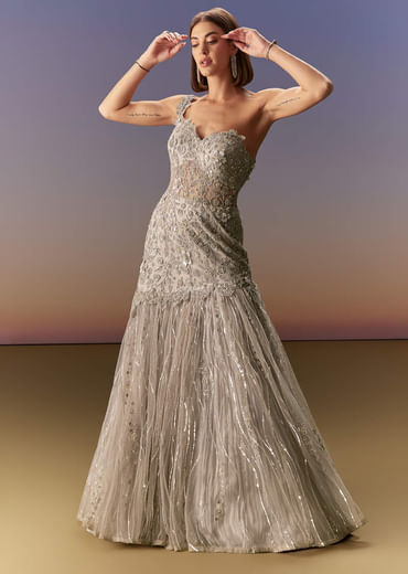 Grey Backless Gown With One Shoulder Bodice And Sculpted Fit