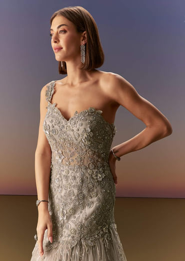 Grey Backless Gown With One Shoulder Bodice And Sculpted Fit