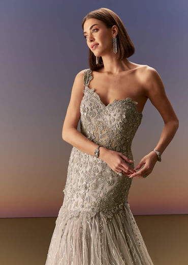 Grey Backless Gown With One Shoulder Bodice And Sculpted Fit