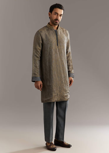 Grey Banarasi Tussar Kurta Set With Contrast Rust Embroidery