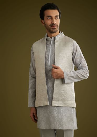 Grey Banarsi Silk Kurta Jacket Set With Hand Work