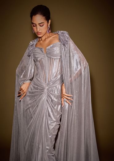 Grey Draped Corset Gown With Embroidered Cape In Net Fabric