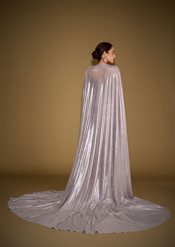 Grey Corset Drape Gown Paired With Embroidered Cape