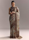 Grey Cotton Hand Painted Saree With Contrast Border
