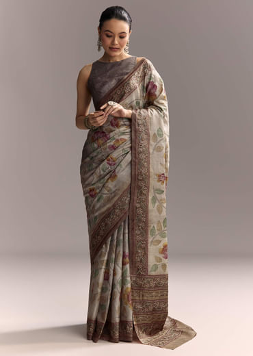 Grey Cotton Hand Painted Saree With Contrast Border