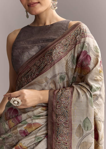 Grey Cotton Hand Painted Saree With Contrast Border