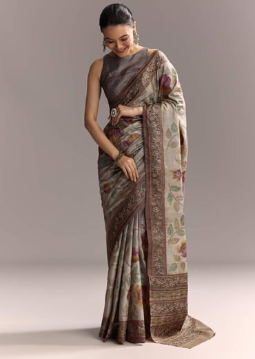 Grey Cotton Hand Painted Saree With Contrast Border