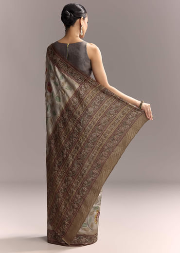 Grey Cotton Hand Painted Saree With Contrast Border