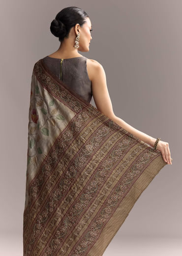 Grey Cotton Hand Painted Saree With Contrast Border