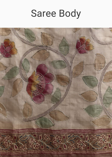 Grey Cotton Hand Painted Saree With Contrast Border