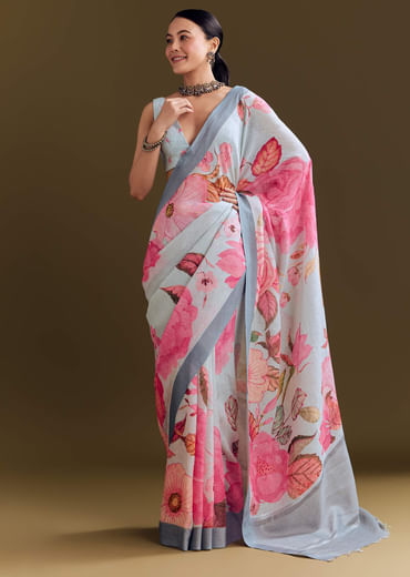 Grey Cotton Linen Saree With Floral Print