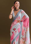 Grey Cotton Linen Saree With Floral Print