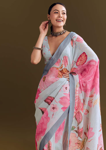 Grey Cotton Linen Saree With Floral Print