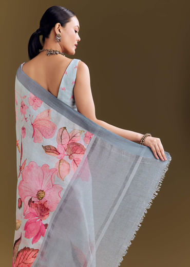 Grey Cotton Linen Saree With Floral Print