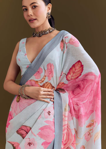 Grey Cotton Linen Saree With Floral Print