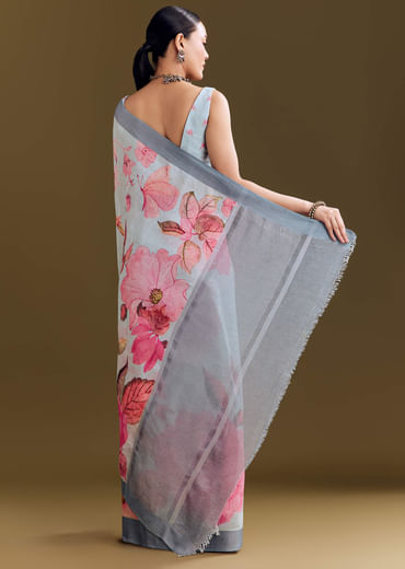 Grey Cotton Linen Saree With Floral Print