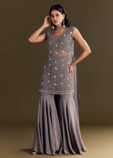 Grey Crepe Kurta Sharara With Net Choker Dupatta