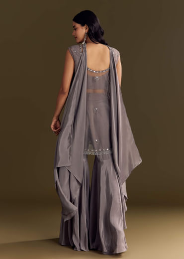 Grey Crepe Kurta Sharara With Net Choker Dupatta