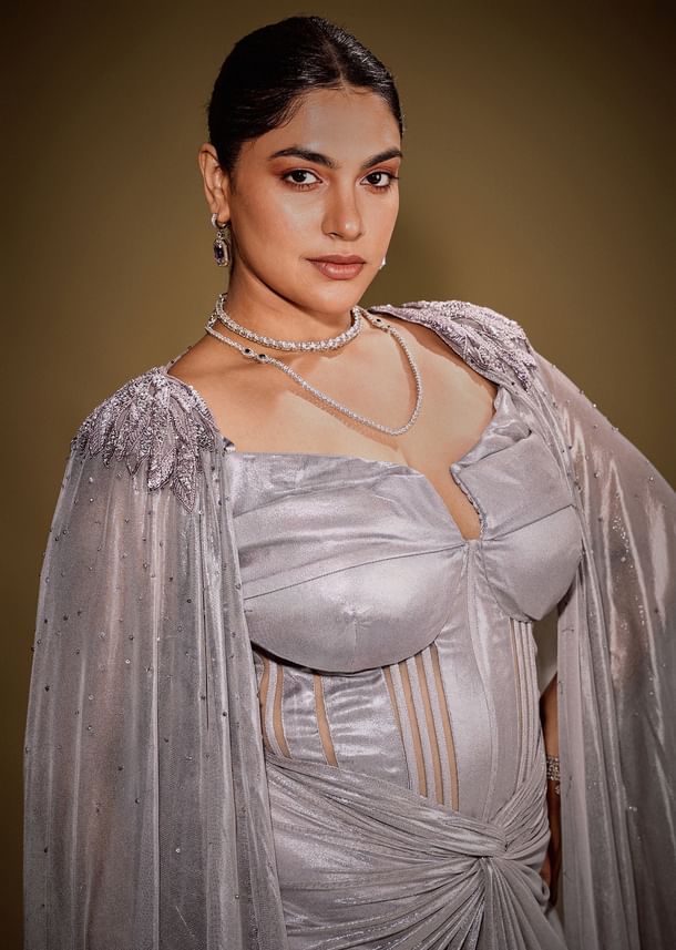 Grey Draped Corset Gown With Embroidered Cape In Net Fabric