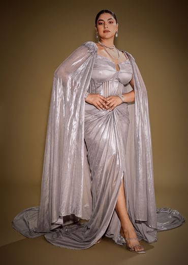 Grey Draped Corset Gown With Embroidered Cape In Net Fabric