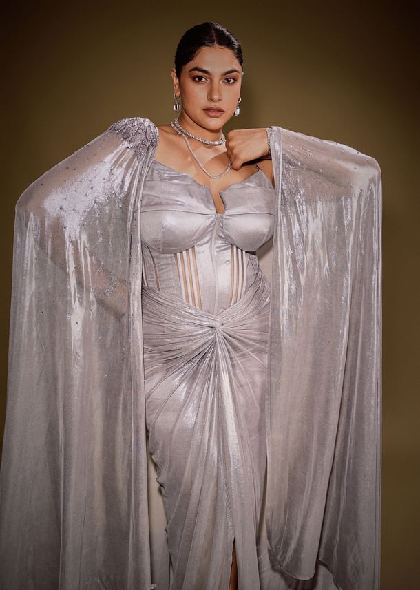 Grey Draped Corset Gown With Embroidered Cape In Net Fabric