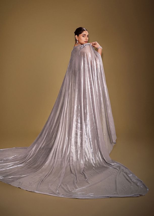Grey Draped Corset Gown With Embroidered Cape In Net Fabric