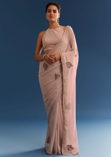 Grey Georgette Floral Resham Embroidered Saree