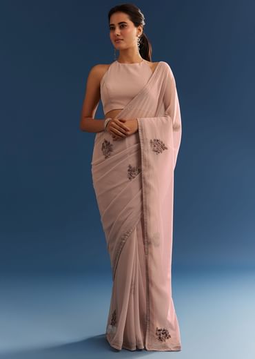 Grey Georgette Floral Resham Embroidered Saree