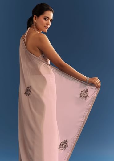 Grey Georgette Floral Resham Embroidered Saree