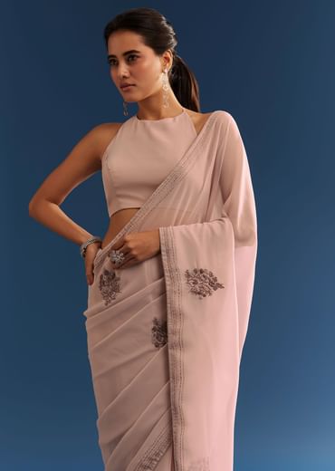 Grey Georgette Floral Resham Embroidered Saree