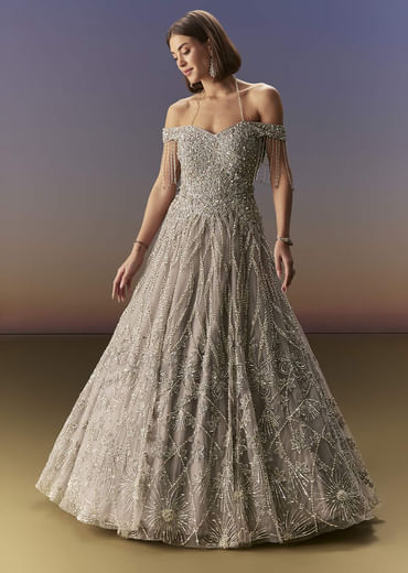 Grey Gown Off Shoulder With Silver Embroidery