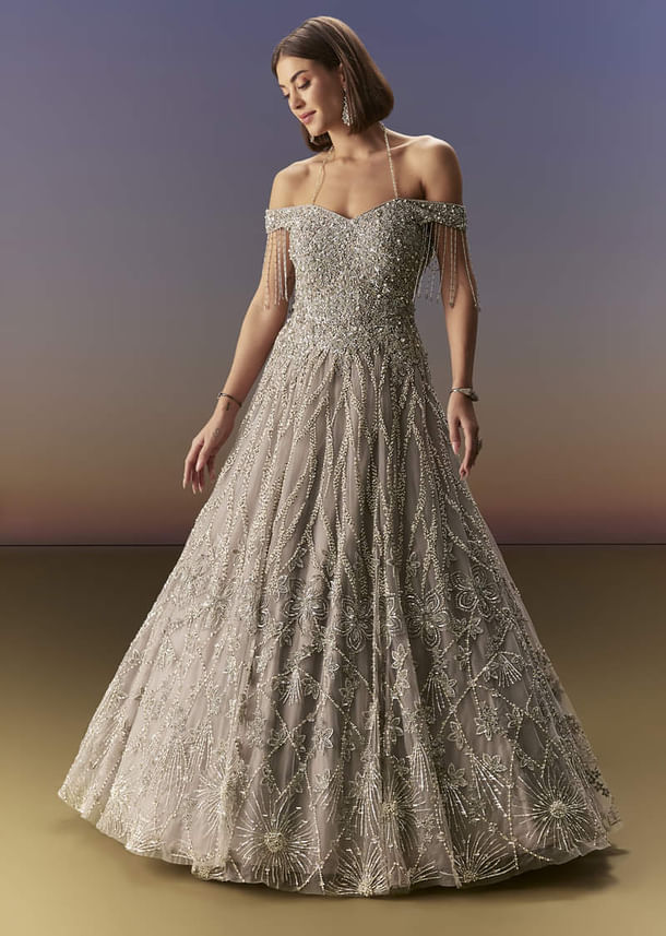 Grey Gown Off Shoulder With Silver Embroidery Grey Gown Off Shoulder With Silver Embroidery