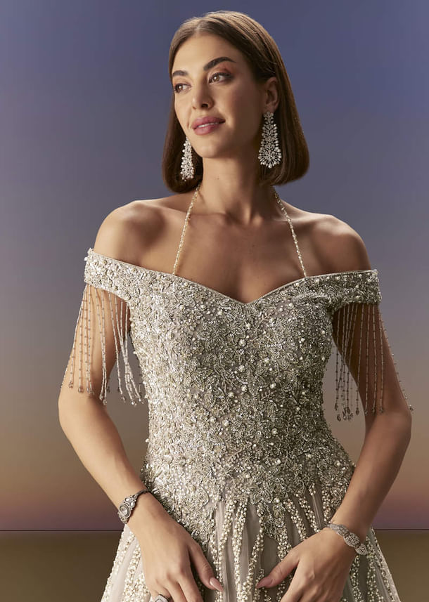 Grey Gown Off Shoulder With Silver Embroidery Grey Gown Off Shoulder With Silver Embroidery