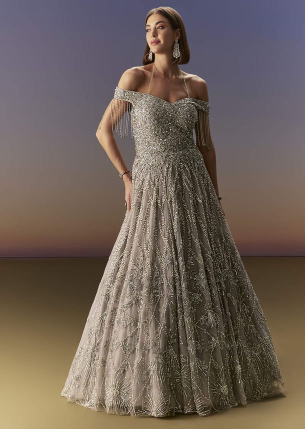 Grey Gown Off Shoulder With Silver Embroidery Grey Gown Off Shoulder With Silver Embroidery