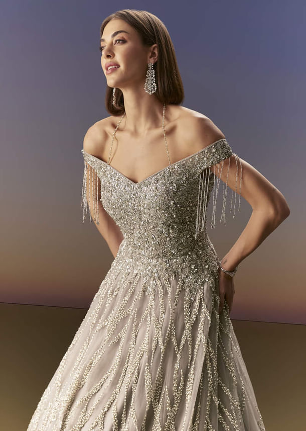 Grey Gown Off Shoulder With Silver Embroidery Grey Gown Off Shoulder With Silver Embroidery